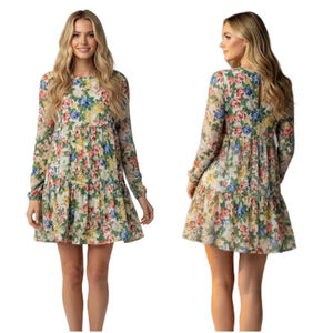 Revolve AFRM Spring Jardín Multi-color Floral Long Sleeve Tiered Mini Dress XS